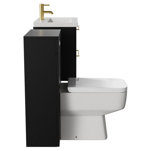 Napoli 390 Matt Black 1100mm Wall Mounted Vanity Unit Toilet Suite with 1 Tap Hole Glide Basin and 2 Drawers with Brushed Brass Handles View from Side