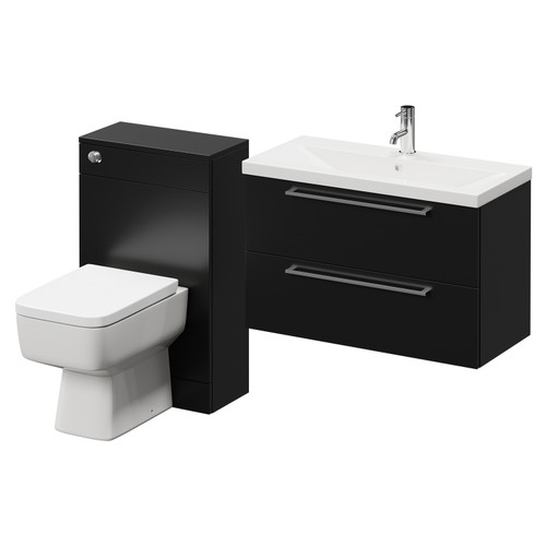Napoli 390 Matt Black 1300mm Wall Mounted Vanity Unit Toilet Suite with 1 Tap Hole Glide Basin and 2 Drawers with Chrome Handles Right Hand View
