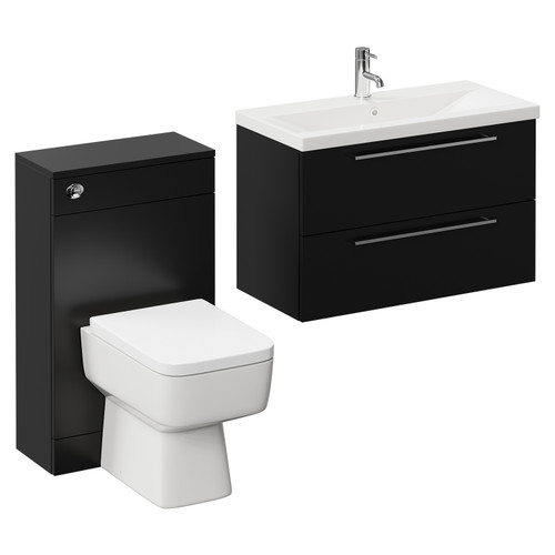 Napoli 390 Matt Black 1300mm Wall Mounted Vanity Unit Toilet Suite with 1 Tap Hole Glide Basin and 2 Drawers with Chrome Handles Left Hand View