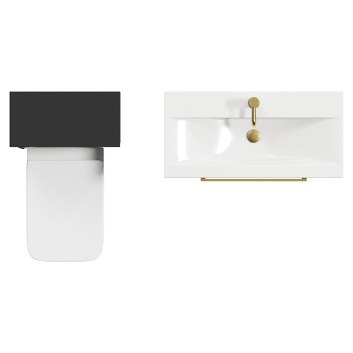 Napoli 390 Matt Black 1300mm Wall Mounted Vanity Unit Toilet Suite with 1 Tap Hole Glide Basin and 2 Drawers with Brushed Brass Handles View from Top