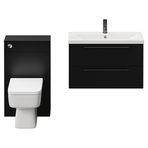 Napoli 390 Matt Black 1300mm Wall Mounted Vanity Unit Toilet Suite with 1 Tap Hole Glide Basin and 2 Drawers with Gunmetal Grey Handles View from Front