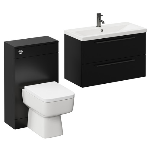 Napoli 390 Matt Black 1300mm Wall Mounted Vanity Unit Toilet Suite with 1 Tap Hole Glide Basin and 2 Drawers with Gunmetal Grey Handles Left Hand View