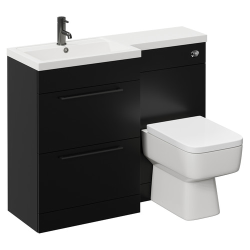 Napoli 390 Combination Matt Black 1100mm Vanity Unit Toilet Suite with Left Hand L Shaped 1 Tap Hole Basin and 2 Drawers with Gunmetal Grey Handles Left Hand View