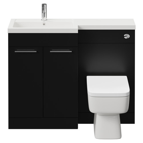 Napoli 390 Combination Matt Black 1100mm Vanity Unit Toilet Suite with Left Hand L Shaped 1 Tap Hole Basin and 2 Doors with Chrome Handles View from Front