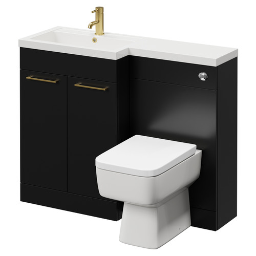 Napoli 390 Combination Matt Black 1100mm Vanity Unit Toilet Suite with Left Hand L Shaped 1 Tap Hole Basin and 2 Doors with Brushed Brass Handles Right Hand View