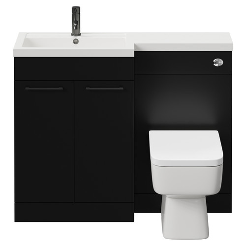 Napoli 390 Combination Matt Black 1100mm Vanity Unit Toilet Suite with Left Hand L Shaped 1 Tap Hole Basin and 2 Doors with Gunmetal Grey Handles View from Front