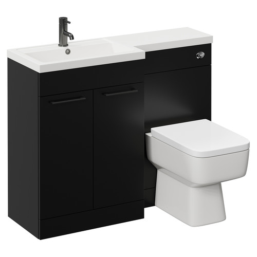 Napoli 390 Combination Matt Black 1100mm Vanity Unit Toilet Suite with Left Hand L Shaped 1 Tap Hole Basin and 2 Doors with Gunmetal Grey Handles Left Hand View