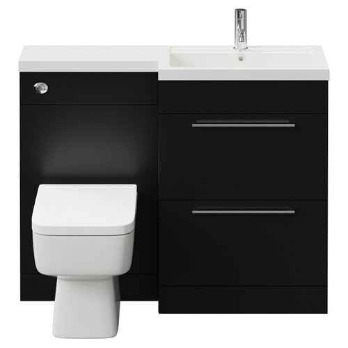Napoli 390 Combination Matt Black 1100mm Vanity Unit Toilet Suite with Right Hand L Shaped 1 Tap Hole Basin and 2 Drawers with Chrome Handles View from Front