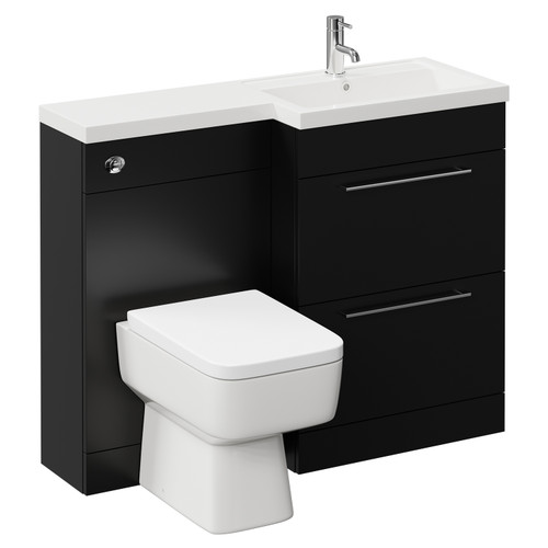 Napoli 390 Combination Matt Black 1100mm Vanity Unit Toilet Suite with Right Hand L Shaped 1 Tap Hole Basin and 2 Drawers with Chrome Handles Left Hand View
