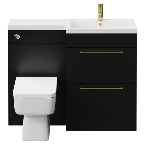 Napoli 390 Combination Matt Black 1100mm Vanity Unit Toilet Suite with Right Hand L Shaped 1 Tap Hole Basin and 2 Drawers with Brushed Brass Handles View from Front