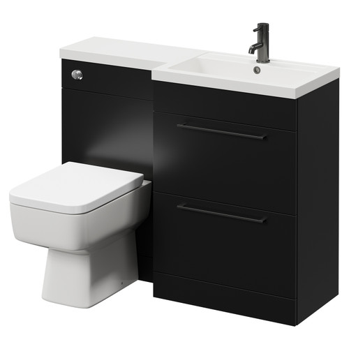 Napoli 390 Combination Matt Black 1100mm Vanity Unit Toilet Suite with Right Hand L Shaped 1 Tap Hole Basin and 2 Drawers with Gunmetal Grey Handles Right Hand View