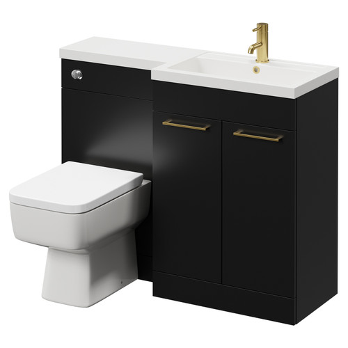 Napoli 390 Combination Matt Black 1100mm Vanity Unit Toilet Suite with Right Hand L Shaped 1 Tap Hole Basin and 2 Doors with Brushed Brass Handles Right Hand View