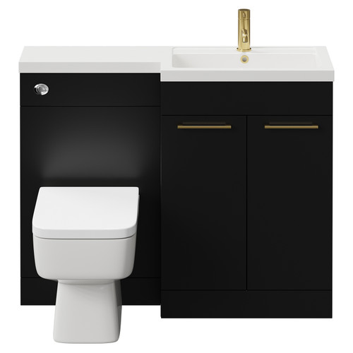 Napoli 390 Combination Matt Black 1100mm Vanity Unit Toilet Suite with Right Hand L Shaped 1 Tap Hole Basin and 2 Doors with Brushed Brass Handles View from Front