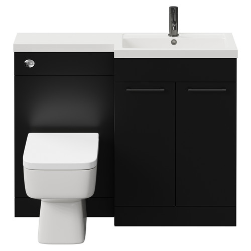 Napoli 390 Combination Matt Black 1100mm Vanity Unit Toilet Suite with Right Hand L Shaped 1 Tap Hole Basin and 2 Doors with Gunmetal Grey Handles View from Front