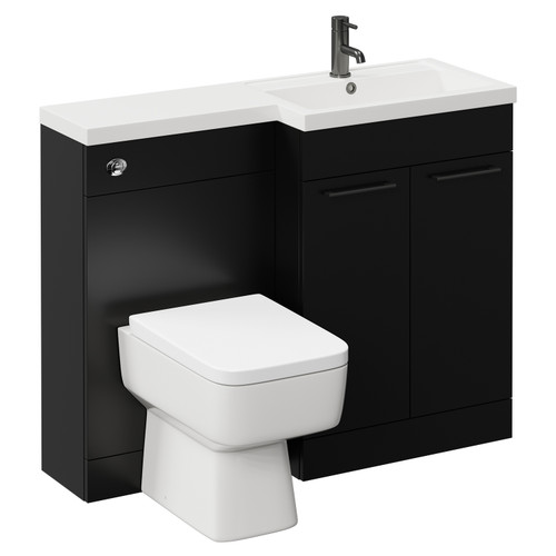 Napoli 390 Combination Matt Black 1100mm Vanity Unit Toilet Suite with Right Hand L Shaped 1 Tap Hole Basin and 2 Doors with Gunmetal Grey Handles Left Hand View