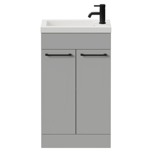 Napoli Gloss Grey Pearl 500mm Slimline Floor Standing 2 Door Vanity Unit with Basin and Matt Black Handles View from Front