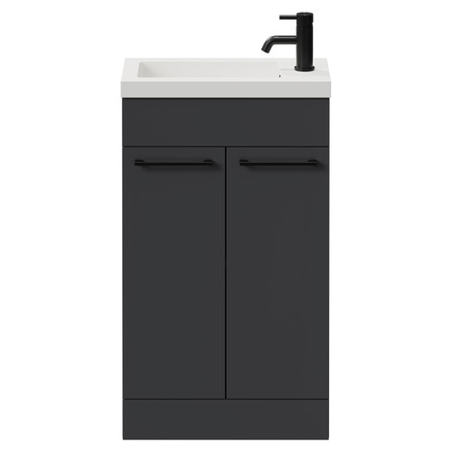 Napoli Gloss Grey 500mm Slimline Floor Standing 2 Door Vanity Unit with Basin and Matt Black Handles View from Front