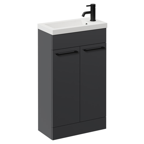 Napoli Gloss Grey 500mm Slimline Floor Standing 2 Door Vanity Unit with Basin and Matt Black Handles Left Hand View
