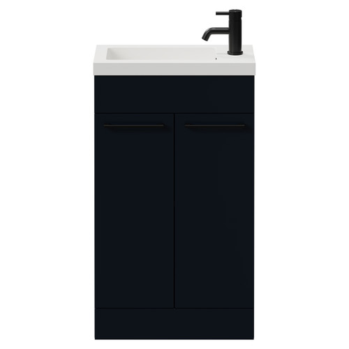 Napoli Deep Blue 500mm Slimline Floor Standing 2 Door Vanity Unit with Basin and Matt Black Handles View from Front