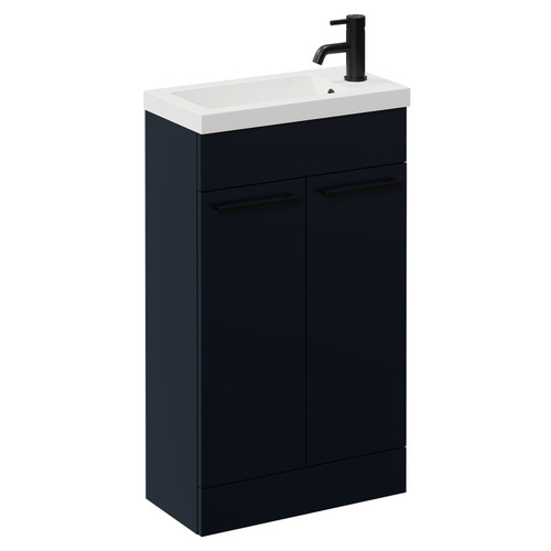 Napoli Deep Blue 500mm Slimline Floor Standing 2 Door Vanity Unit with Basin and Matt Black Handles Left Hand View