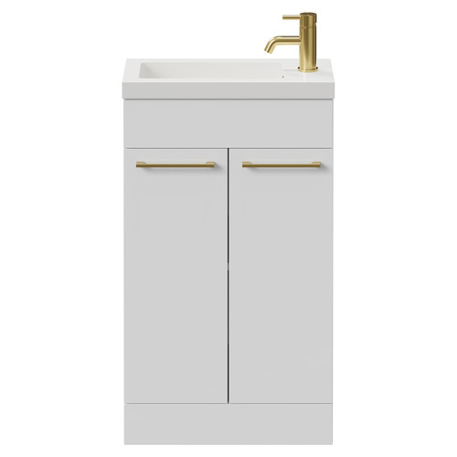 Napoli Gloss White 500mm Slimline Floor Standing 2 Door Vanity Unit with Basin and Brushed Brass Handles View from Front