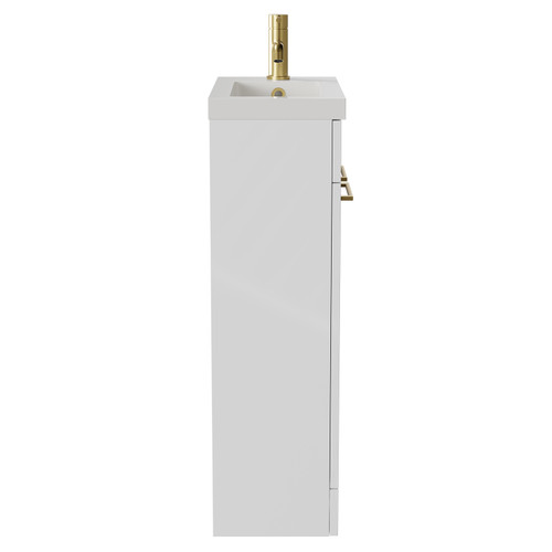 Napoli Gloss White 500mm Slimline Floor Standing 2 Door Vanity Unit with Basin and Brushed Brass Handles View from Side