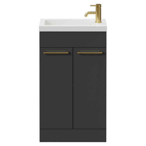 Napoli Gloss Grey 500mm Slimline Floor Standing 2 Door Vanity Unit with Basin and Brushed Brass Handles View from Front