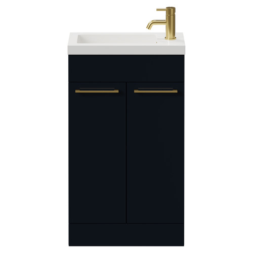 Napoli Deep Blue 500mm Slimline Floor Standing 2 Door Vanity Unit with Basin and Brushed Brass Handles View from Front