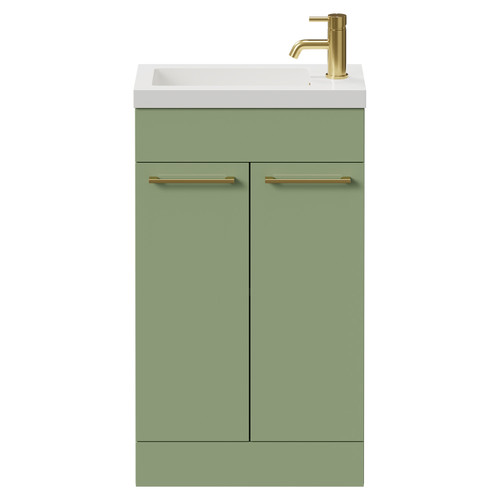 Napoli Olive Green 500mm Slimline Floor Standing 2 Door Vanity Unit with Basin and Brushed Brass Handles View from Front