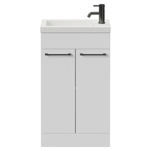 Napoli Gloss White 500mm Slimline Floor Standing 2 Door Vanity Unit with Basin and Gunmetal Grey Handles View from Front