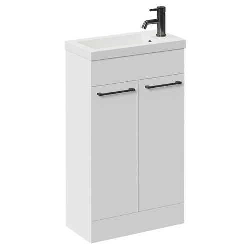 Napoli Gloss White 500mm Slimline Floor Standing 2 Door Vanity Unit with Basin and Gunmetal Grey Handles Left Hand View