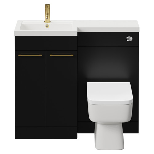 Napoli Combination Matt Black 1000mm Vanity Unit Toilet Suite with Left Hand L Shaped 1 Tap Hole Basin and 2 Drawers with Brushed Brass Handles View from Front
