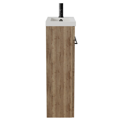 Napoli Tobacco Oak 500mm Slimline Floor Standing Vanity Unit with 1 Tap Hole Basin and 2 Doors with Matt Black Handles Side View
