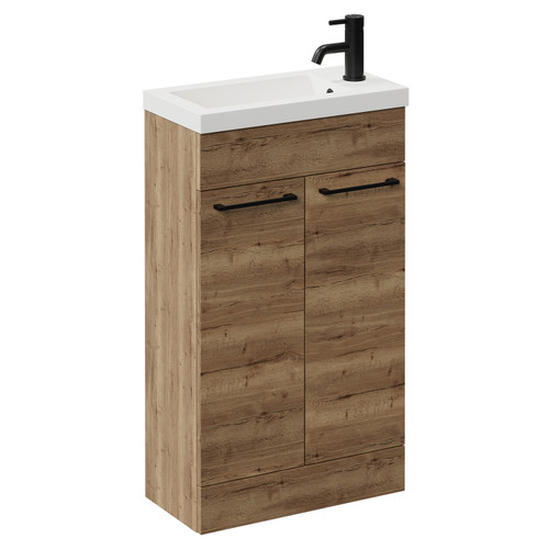 Napoli Tobacco Oak 500mm Slimline Floor Standing Vanity Unit with 1 Tap Hole Basin and 2 Doors with Matt Black Handles Left Hand View
