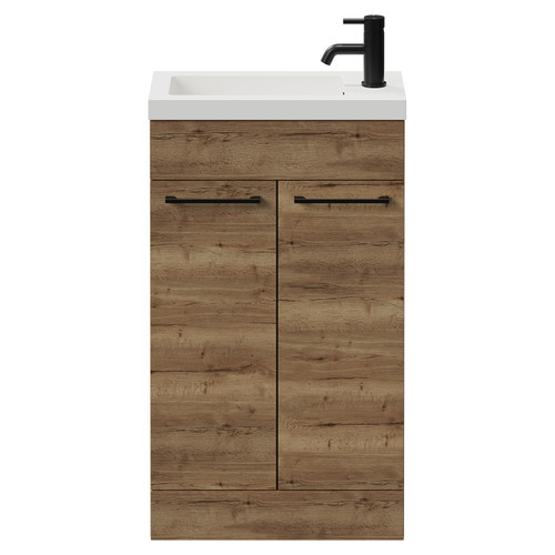 Napoli Tobacco Oak 500mm Slimline Floor Standing Vanity Unit with 1 Tap Hole Basin and 2 Doors with Matt Black Handles Front View
