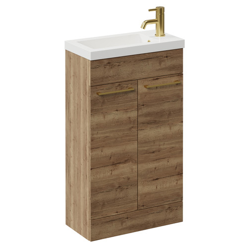 Napoli Tobacco Oak 500mm Slimline Floor Standing Vanity Unit with 1 Tap Hole Basin and 2 Doors with Brushed Brass Handles Left Hand View