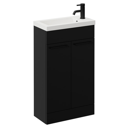 Napoli Matt Black 500mm Slimline Floor Standing Vanity Unit with 1 Tap Hole Basin and 2 Doors with Matt Black Handles Left Hand View