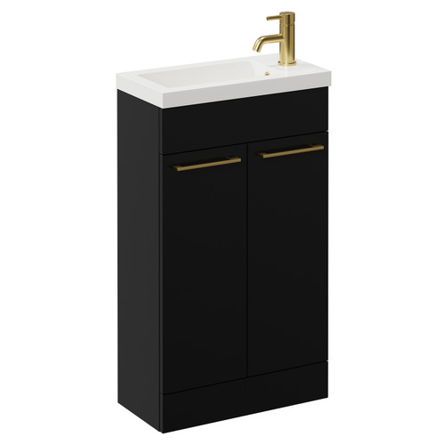 Napoli Matt Black 500mm Slimline Floor Standing Vanity Unit with 1 Tap Hole Basin and 2 Doors with Brushed Brass Handles Left Hand View
