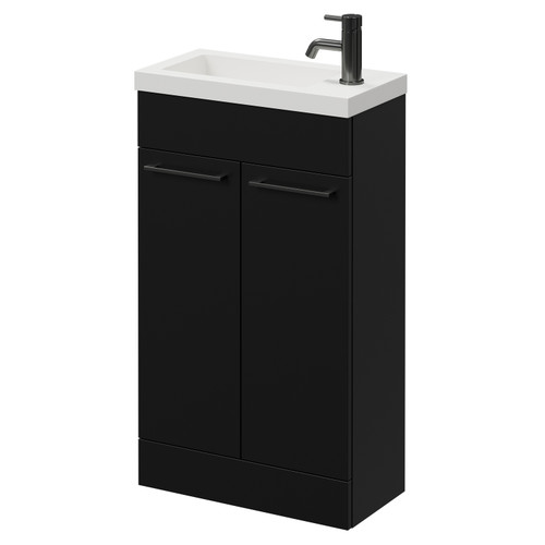 Napoli Matt Black 500mm Slimline Floor Standing Vanity Unit with 1 Tap Hole Basin and 2 Doors with Gunmetal Grey Handles Right Hand View