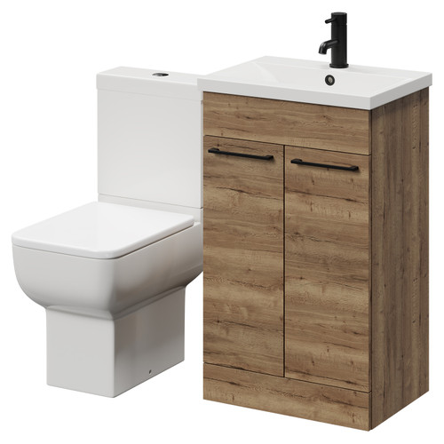 Alessio Tobacco Oak 500mm Vanity Unit and Toilet Suite including Open Back Toilet and Floor Standing Vanity Unit with 2 Doors and Matt Black Handles Right Hand View