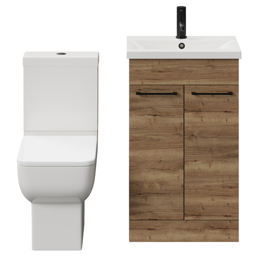 Alessio Tobacco Oak 500mm Vanity Unit and Toilet Suite including Open Back Toilet and Floor Standing Vanity Unit with 2 Doors and Matt Black Handles View from Front