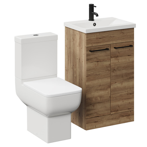 Alessio Tobacco Oak 500mm Vanity Unit and Toilet Suite including Open Back Toilet and Floor Standing Vanity Unit with 2 Doors and Matt Black Handles Left Hand View