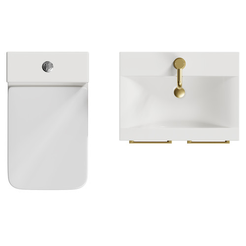 Alessio Tobacco Oak 500mm Vanity Unit and Toilet Suite including Open Back Toilet and Floor Standing Vanity Unit with 2 Doors and Brushed Brass Handles View from Top