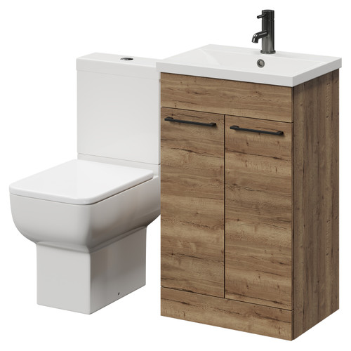 Alessio Tobacco Oak 500mm Vanity Unit and Toilet Suite including Open Back Toilet and Floor Standing Vanity Unit with 2 Doors and Gunmetal Grey Handles Right Hand View