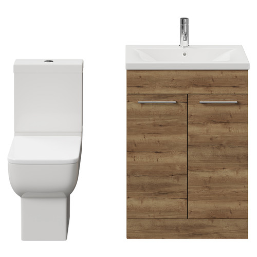 Alessio Tobacco Oak 600mm Vanity Unit and Toilet Suite including Open Back Toilet and Floor Standing Vanity Unit with 2 Doors and Chrome Handles View from Front