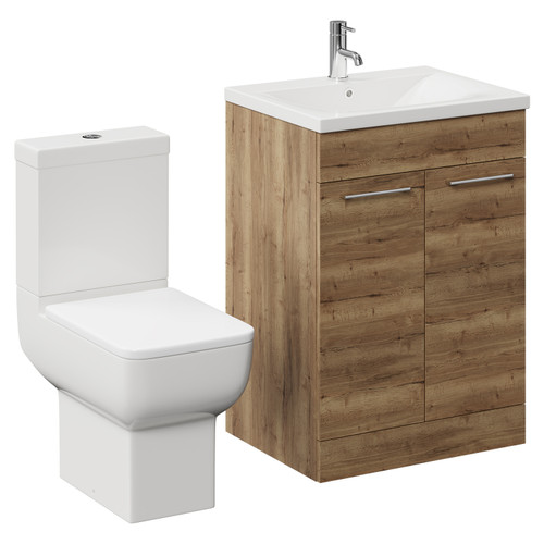 Alessio Tobacco Oak 600mm Vanity Unit and Toilet Suite including Open Back Toilet and Floor Standing Vanity Unit with 2 Doors and Chrome Handles Left Hand View
