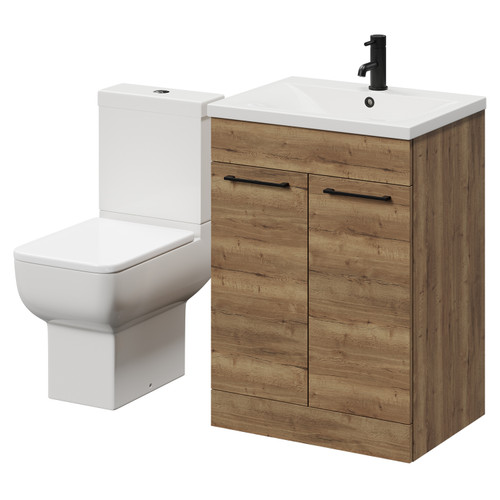 Alessio Tobacco Oak 600mm Vanity Unit and Toilet Suite including Open Back Toilet and Floor Standing Vanity Unit with 2 Doors and Matt Black Handles Right Hand View