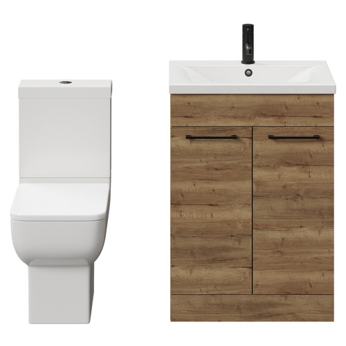 Alessio Tobacco Oak 600mm Vanity Unit and Toilet Suite including Open Back Toilet and Floor Standing Vanity Unit with 2 Doors and Matt Black Handles View from Front