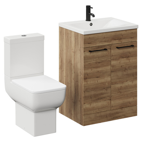 Alessio Tobacco Oak 600mm Vanity Unit and Toilet Suite including Open Back Toilet and Floor Standing Vanity Unit with 2 Doors and Matt Black Handles Left Hand View