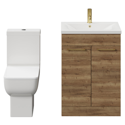 Alessio Tobacco Oak 600mm Vanity Unit and Toilet Suite including Open Back Toilet and Floor Standing Vanity Unit with 2 Doors and Brushed Brass Handles View from Front